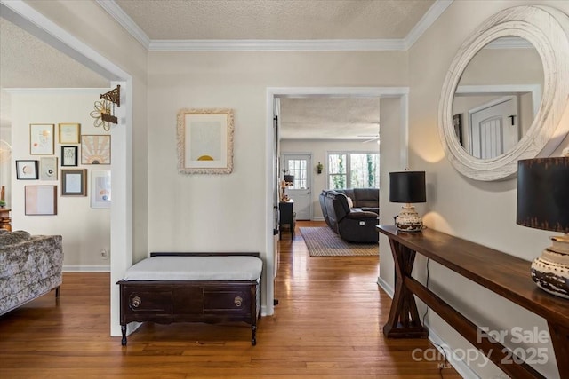 corridor featuring crown molding, wood finished floors, and a textured ceiling