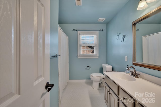 full bathroom with tile patterned floors, visible vents, toilet, baseboards, and vanity