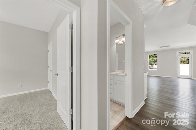 hallway with a sink, baseboards, and wood finished floors