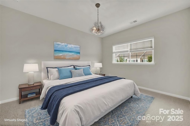 bedroom with baseboards, visible vents, lofted ceiling, carpet flooring, and a chandelier