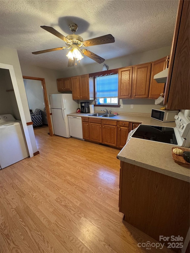 kitchen featuring white appliances, light wood finished floors, a sink, light countertops, and under cabinet range hood