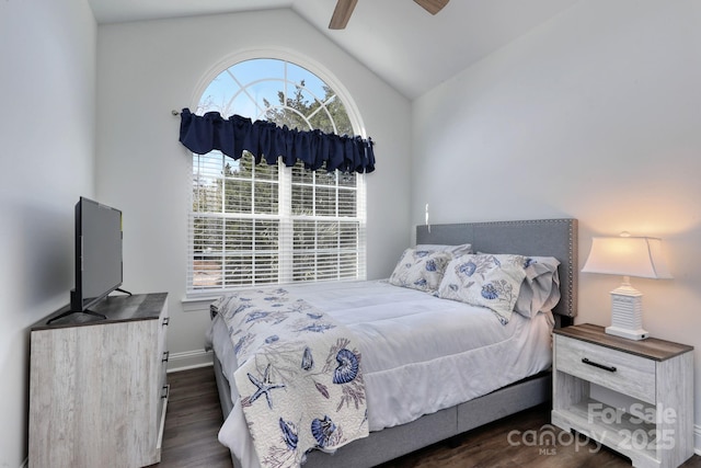 bedroom featuring lofted ceiling, multiple windows, wood finished floors, and baseboards