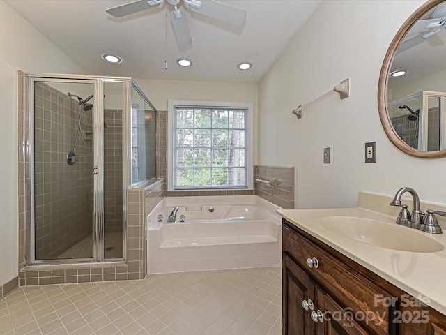 bathroom featuring a bath, ceiling fan, a shower stall, and tile patterned flooring