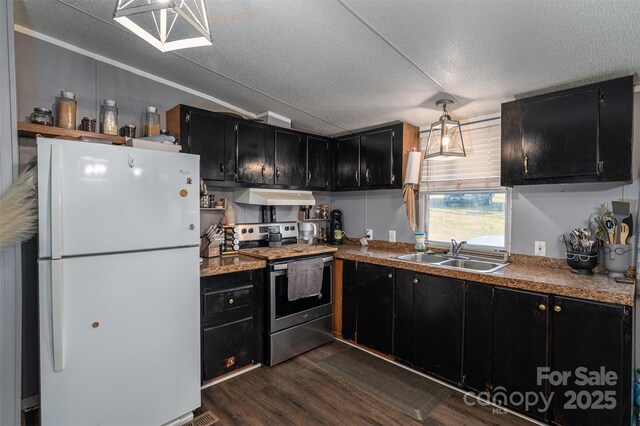 kitchen featuring ventilation hood, dark cabinets, stainless steel electric range, freestanding refrigerator, and a sink