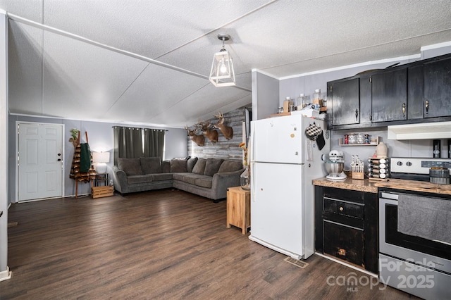 kitchen featuring dark wood-type flooring, dark cabinets, vaulted ceiling, and freestanding refrigerator