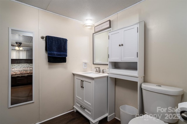 bathroom featuring vanity, wood finished floors, ensuite bathroom, a textured ceiling, and toilet