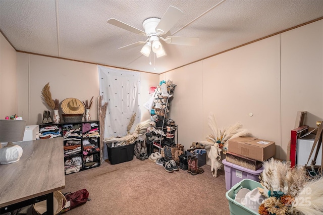 interior space featuring a textured ceiling, crown molding, a ceiling fan, and carpet floors