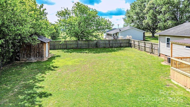 view of yard featuring a fenced backyard, a shed, and an outbuilding