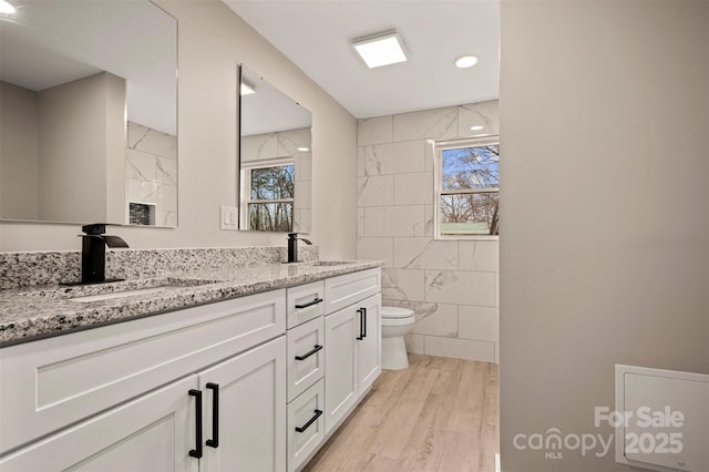 bathroom with toilet, double vanity, wood finished floors, tile walls, and a sink