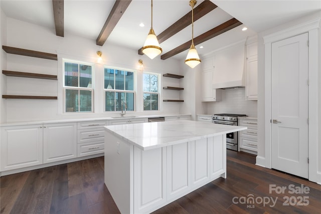 kitchen featuring open shelves, premium range hood, appliances with stainless steel finishes, white cabinets, and a sink