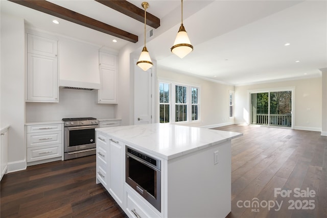 kitchen with stainless steel gas range oven, premium range hood, beamed ceiling, dark wood-style floors, and white cabinetry