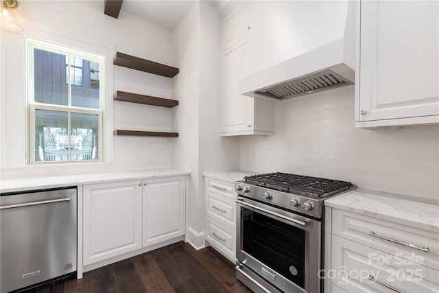 kitchen featuring appliances with stainless steel finishes, a healthy amount of sunlight, dark wood-style flooring, and custom range hood