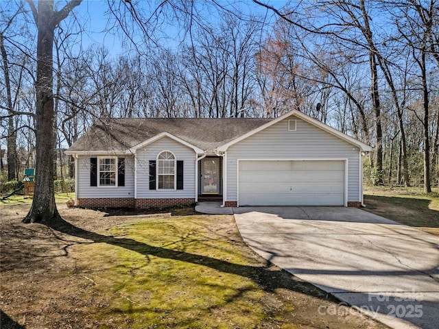 ranch-style house with driveway, a shingled roof, and a garage