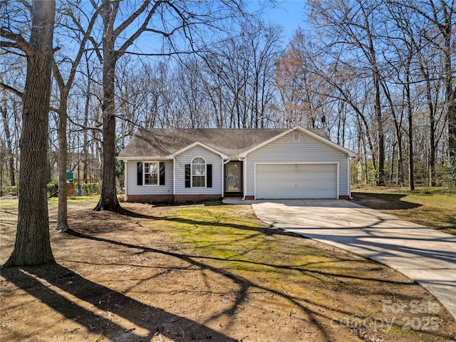 ranch-style house featuring a front yard, concrete driveway, a garage, and a shingled roof