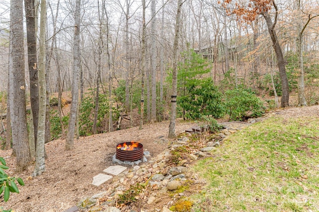 view of yard featuring a fire pit and a wooded view