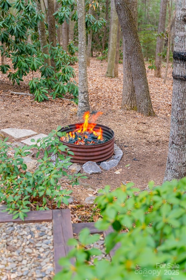 view of yard with a fire pit