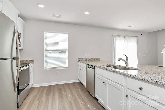 kitchen with visible vents, light wood-type flooring, a sink, appliances with stainless steel finishes, and white cabinets