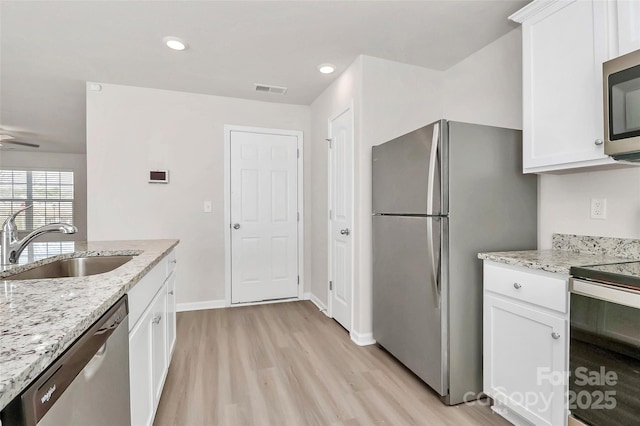 kitchen with a sink, white cabinets, and stainless steel appliances