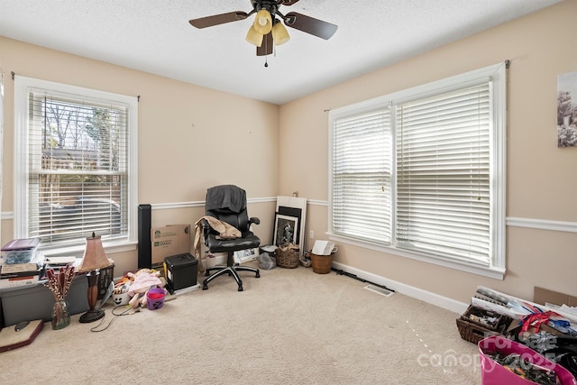 interior space featuring visible vents, baseboards, ceiling fan, carpet, and a textured ceiling