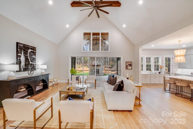 4354 Persimmon Rd, Lancaster, SC 29720 - living room with ceiling fan, high vaulted ceiling, recessed lighting, and light wood finished floors
