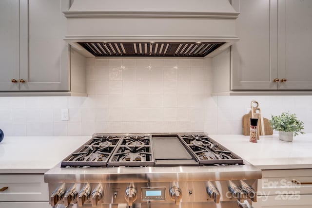 4354 Persimmon Rd, Lancaster, SC 29720 - kitchen featuring custom range hood, light countertops, backsplash, and gray cabinets
