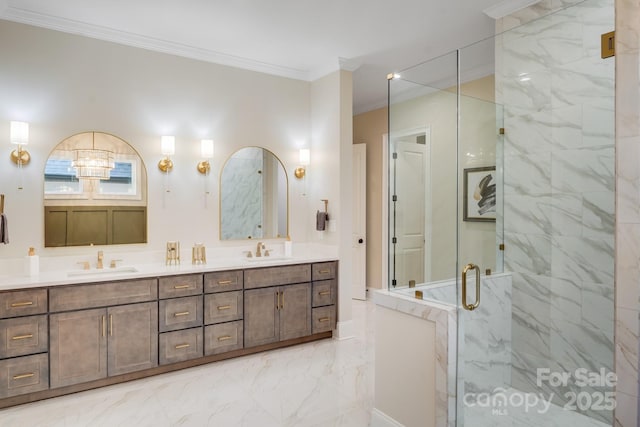 4354 Persimmon Rd, Lancaster, SC 29720 - full bathroom featuring a sink, a marble finish shower, marble finish floor, and double vanity