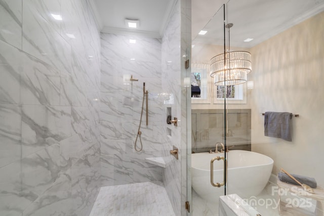 4354 Persimmon Rd, Lancaster, SC 29720 - bathroom featuring a notable chandelier, crown molding, a marble finish shower, and a soaking tub