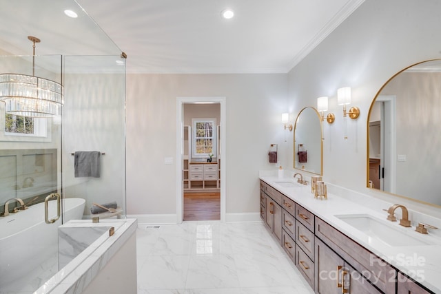 4354 Persimmon Rd, Lancaster, SC 29720 - bathroom with an inviting chandelier, double vanity, a sink, and a soaking tub