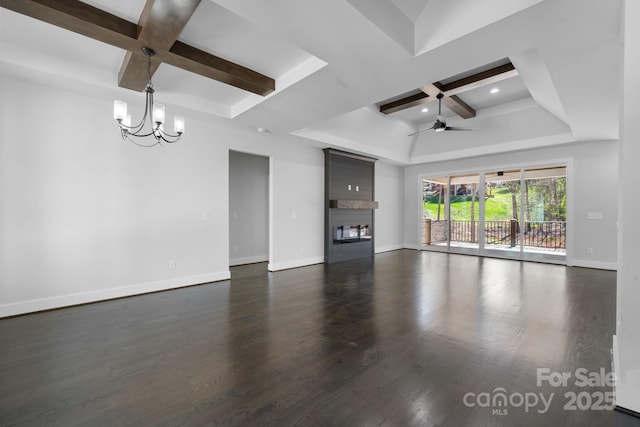 3732 Whitney Dr NE, Hickory, NC 28601 - unfurnished living room with coffered ceiling, ceiling fan, a chandelier, beam ceiling, and recessed lighting