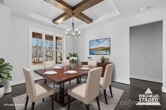 3732 Whitney Dr NE, Hickory, NC 28601 - dining space featuring a chandelier, coffered ceiling, wood finished floors, and beam ceiling