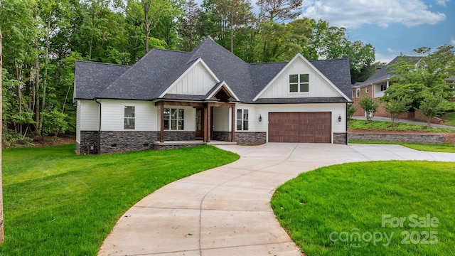 3732 Whitney Dr NE, Hickory, NC 28601 - modern farmhouse with concrete driveway, a front lawn, stone siding, board and batten siding, and a shingled roof