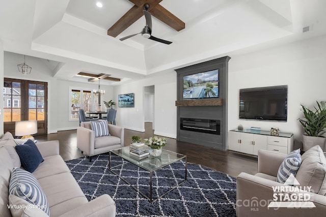 3732 Whitney Dr NE, Hickory, NC 28601 - living area with ceiling fan, dark wood-style flooring, a raised ceiling, coffered ceiling, and recessed lighting