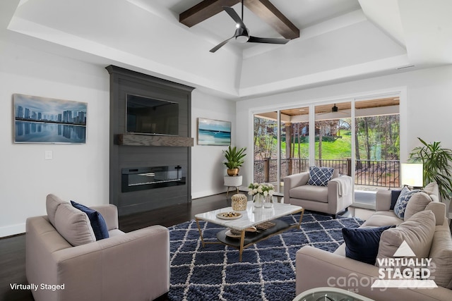 3732 Whitney Dr NE, Hickory, NC 28601 - living area with ceiling fan, wood finished floors, beam ceiling, and a raised ceiling