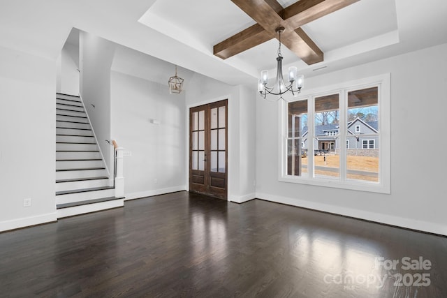 3732 Whitney Dr NE, Hickory, NC 28601 - spare room with a chandelier, dark wood-style flooring, stairs, beam ceiling, and coffered ceiling