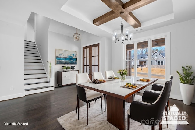 3732 Whitney Dr NE, Hickory, NC 28601 - dining space with dark wood-style flooring, a chandelier, stairway, beamed ceiling, and coffered ceiling