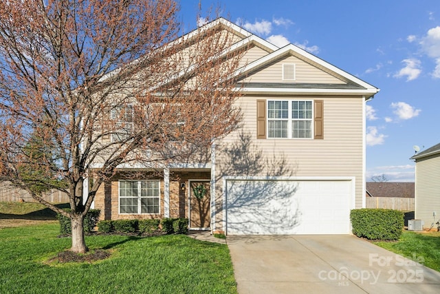 traditional-style home with driveway, a front lawn, fence, cooling unit, and an attached garage