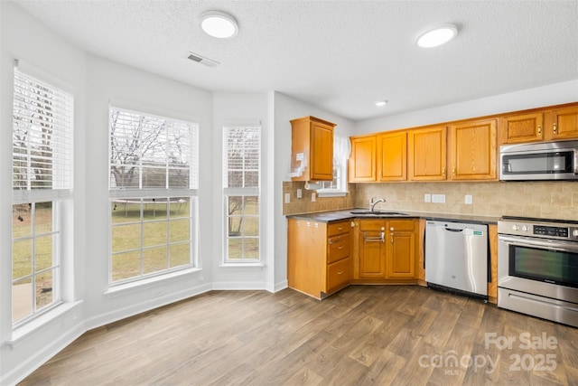 kitchen featuring dark wood-style flooring, a sink, decorative backsplash, appliances with stainless steel finishes, and a wealth of natural light