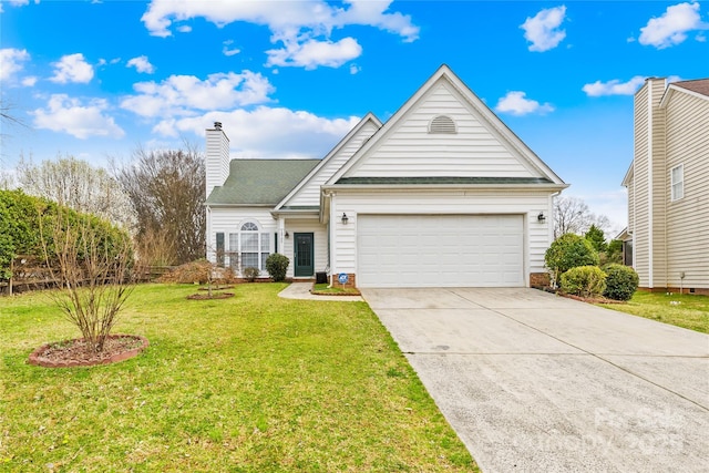 view of front facade featuring a front yard, an attached garage, concrete driveway, and a chimney