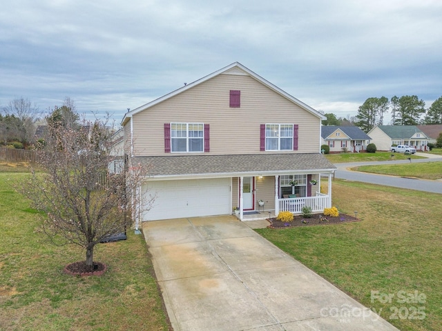 traditional-style home with driveway, a front lawn, a porch, a shingled roof, and a garage