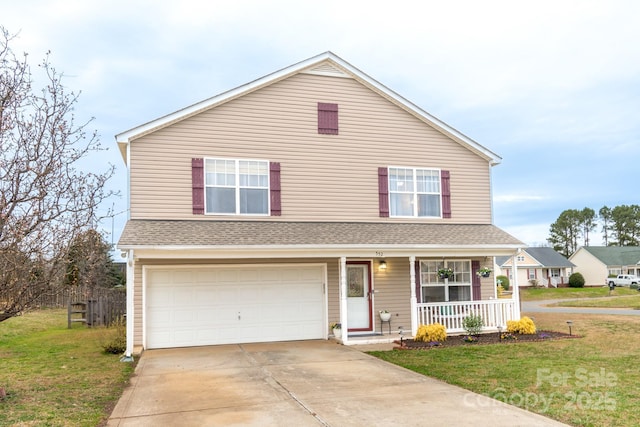 traditional home featuring driveway, a porch, an attached garage, a shingled roof, and a front lawn