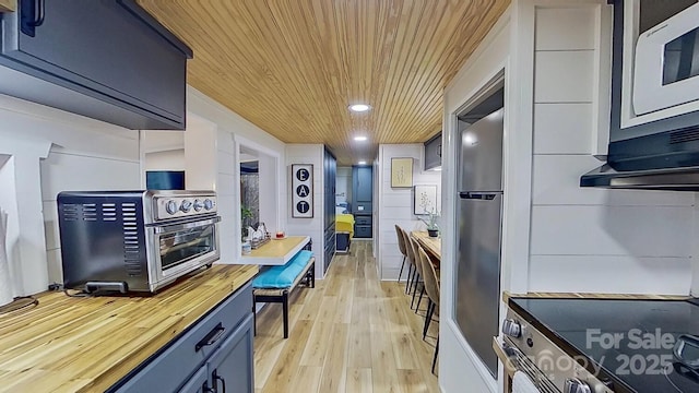 kitchen with white microwave, a toaster, wooden ceiling, light wood-type flooring, and butcher block counters