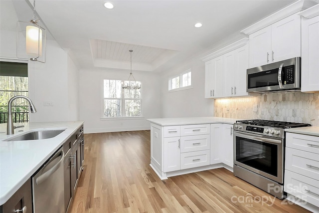 kitchen featuring a tray ceiling, a sink, stainless steel appliances, light countertops, and tasteful backsplash