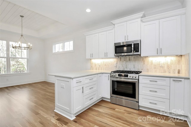 kitchen featuring backsplash, stainless steel appliances, a peninsula, white cabinets, and light countertops