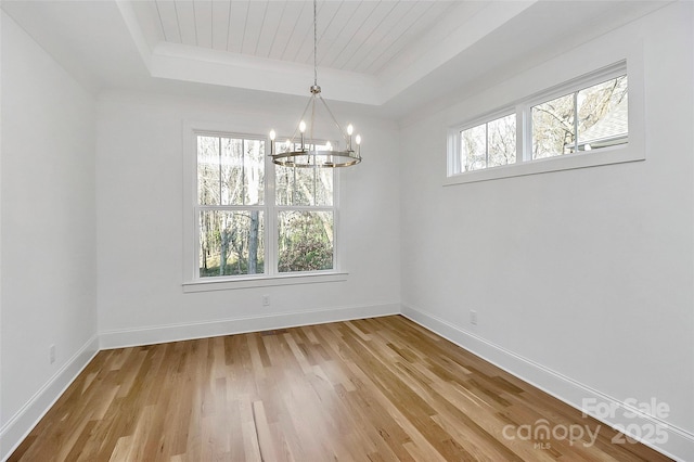 unfurnished dining area with a tray ceiling, plenty of natural light, baseboards, and wood finished floors