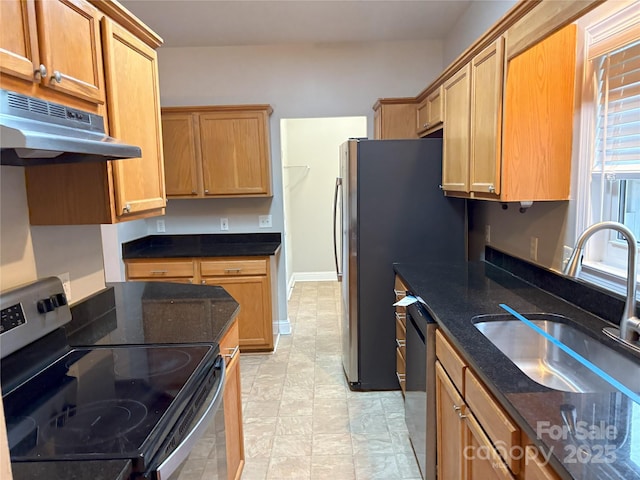 kitchen with under cabinet range hood, dark stone counters, appliances with stainless steel finishes, and a sink