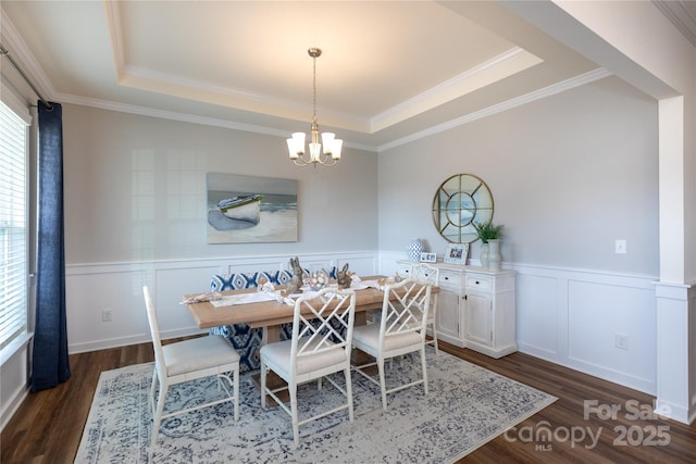 dining room with a notable chandelier, a tray ceiling, and dark wood-style flooring