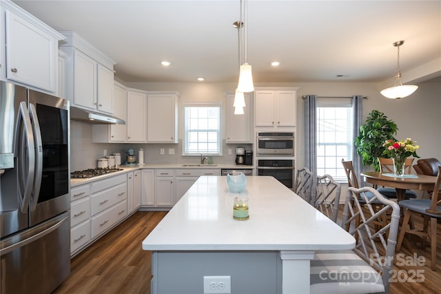 kitchen featuring a sink, stainless steel appliances, light countertops, under cabinet range hood, and tasteful backsplash