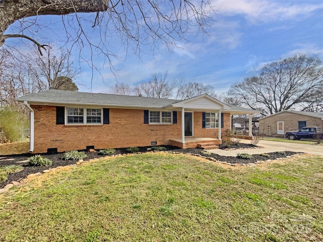 single story home featuring driveway, a porch, a front yard, crawl space, and brick siding