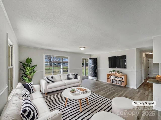 living area with wood finished floors and a textured ceiling