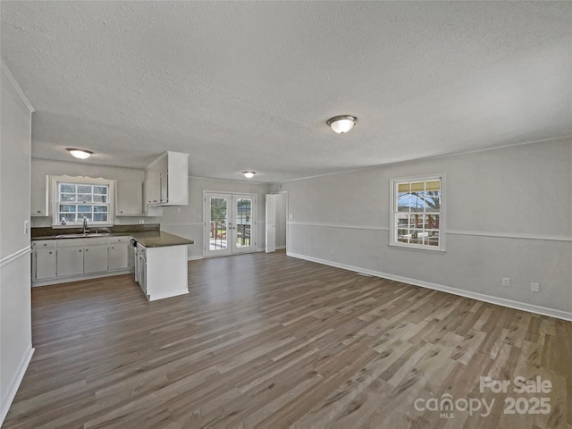 unfurnished living room featuring a sink, french doors, a textured ceiling, and wood finished floors